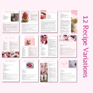 May include: Twelve recipe variations for desserts, each with a pink and white color scheme. The recipes are displayed on a white background with pink text. The recipes include cupcakes, cakes, parfaits, and other desserts.