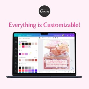 May include: A laptop screen displaying a Canva design template for a cookbook cover. The design features a pink background with a pink and white macaron tower and the text "Wholesome Indulgence Guilt Free Dessert Cookbook". The laptop screen also shows a color palette and other design elements.