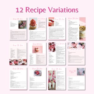 May include: Twelve pink recipe cards with the title "Recipe Title Here" and a variety of images of desserts and drinks.
