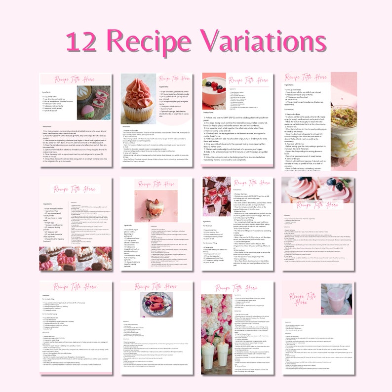 May include: Twelve pink recipe cards with the title "Recipe Title Here" and a variety of images of desserts and drinks.