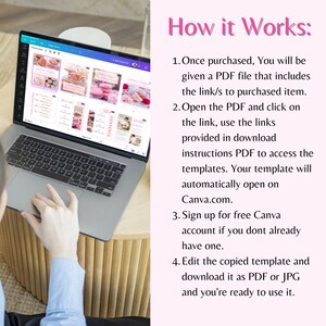 May include: A laptop computer displaying a Canva design template on the screen. The screen shows a pink and white design with the text "Welcome to our Shop". The text "How it Works" is displayed on the right side of the image with a list of instructions for using the template.