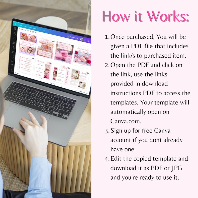 May include: A laptop computer displaying a Canva design template on the screen. The screen shows a pink and white design with the text "Welcome to our Shop". The text "How it Works" is displayed on the right side of the image with a list of instructions for using the template.