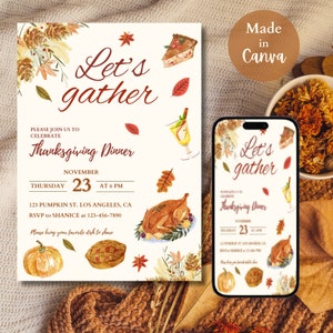 Editable Thanksgiving Invitation Thanksgiving Invites Let's Gather Dinner Invitation Thanksgiving Dinner Invitation Party Invite Printable
