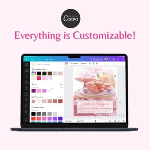 May include: A laptop screen displaying a Canva design template for a cookbook. The template features a pink background with a photo of macarons on a pink cake stand. The text "Wholesome Indulgence" and "Guilty Free Dessert Cookbook" is displayed in a pink box on the template. The laptop screen also shows a colour palette and other design elements.
