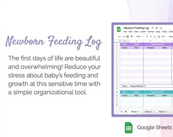 May include: A Google Sheets template for a newborn feeding log. The template is designed to help parents track their baby's feeding and growth. The template includes columns for date, time, amount of milk consumed, and other relevant information. The template is available for instant download.
