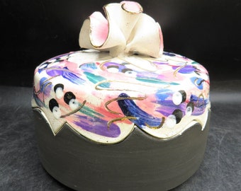 Handmade and hand painted signed L Boman Pottery Decorative Box w/ ceramic rose