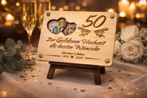 Handgefertigte Holzkarte, perfektes Geldgeschenk, personalisierte Geschenkkarte zur goldenen Hochzeit