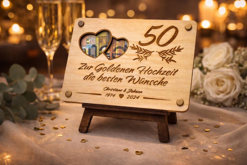 Handmade wooden card, perfect cash gift, personalized gift card for a golden wedding anniversary image 1