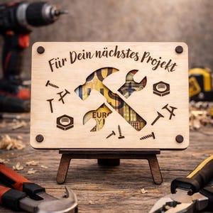 Geldgeschenk für Handwerker – personalisierte Holzkarte „Für Dein nächstes Projekt“ mit Werkzeug – originelle Geschenkidee für Heimwerker