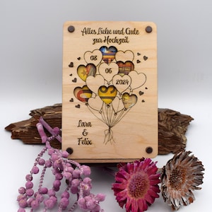 Handgemachte Holzkarte, perfektes Geldgeschenk, Geschenkkarte zur Hochzeit "Herzballons", Geschenkverpackung aus Holz, Hochzeitsgeschenk