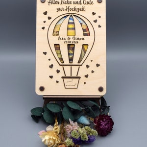 Handgemachte Holzkarte, perfektes Geldgeschenk, Geschenkkarte zur Hochzeit "Heißluftballon", Geschenkverpackung aus Holz, Hochzeitsgeschenk