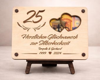 Handmade wooden card, perfect cash gift, personalized gift card for a silver wedding anniversary