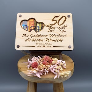 Handgefertigte Holzkarte, perfektes Geldgeschenk, personalisierte Geschenkkarte zur goldenen Hochzeit