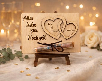 Personalized wedding money gift with test tube – wooden wedding gift with names & date – creative gift idea for the bride and groom