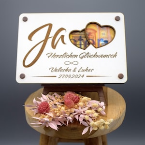 Elegante Geschenkkarte, handgefertigte Holzkarte zur Hochzeit - Herzen -, Geschenkverpackung, weiße MDF Geldkarte personalisiert