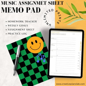 May include: A digital planner for music students with a green and black checkered background, a smiley face, and musical notes. The planner includes sections for homework tracker, weekly goals, assignment sheet, and practice log. The text "MUSIC ASSIGNMET SHEET MEMO PAD" is at the top of the page. The text "UNLIMITED PRINTS" is on the right side of the page. The text "www.creativepianolab.com" is at the bottom of the page.