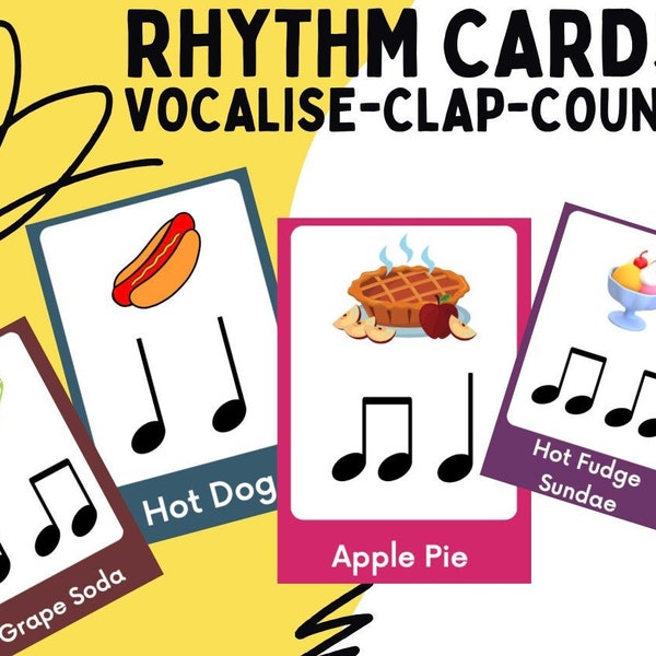 Rhythm Music Flash Cards. Vocalize-Clap-Count. Digital basic duration with rhythmic variations. Instant Download. A4, letter size