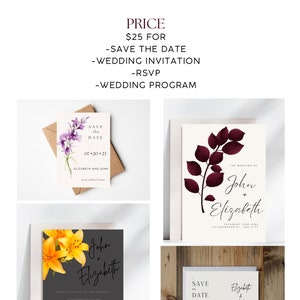 Op de afbeelding: Vier ontwerpen voor huwelijksuitnodigingen met verschillende bloemen- en bladpatronen. De ontwerpen omvatten een save-the-date-kaart, een huwelijksuitnodiging, een RSVP-kaart en een huwelijksprogramma. De tekst op de kaarten bevat de namen John en Elizabeth, de datum van de bruiloft en de locatie van de bruiloft.