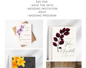 May include: Four wedding invitation designs featuring various floral and foliage patterns. The designs include a save the date card, a wedding invitation, an RSVP card, and a wedding programme. The text on the cards includes the names John and Elizabeth, the wedding date, and the wedding location.