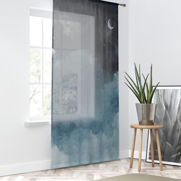 Midnight Sky Sheer Window Curtain 50"by 84", Blue Gray night sky clouds sleep good bedroom, little Transparent let outside shine thru room