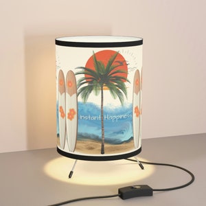 Palm Tree Surfboard Tripod Lamp, Galvanized Steel Base & Fabric trim Shade, Sunset Daisies Coastal Room Decor, specialty lamp