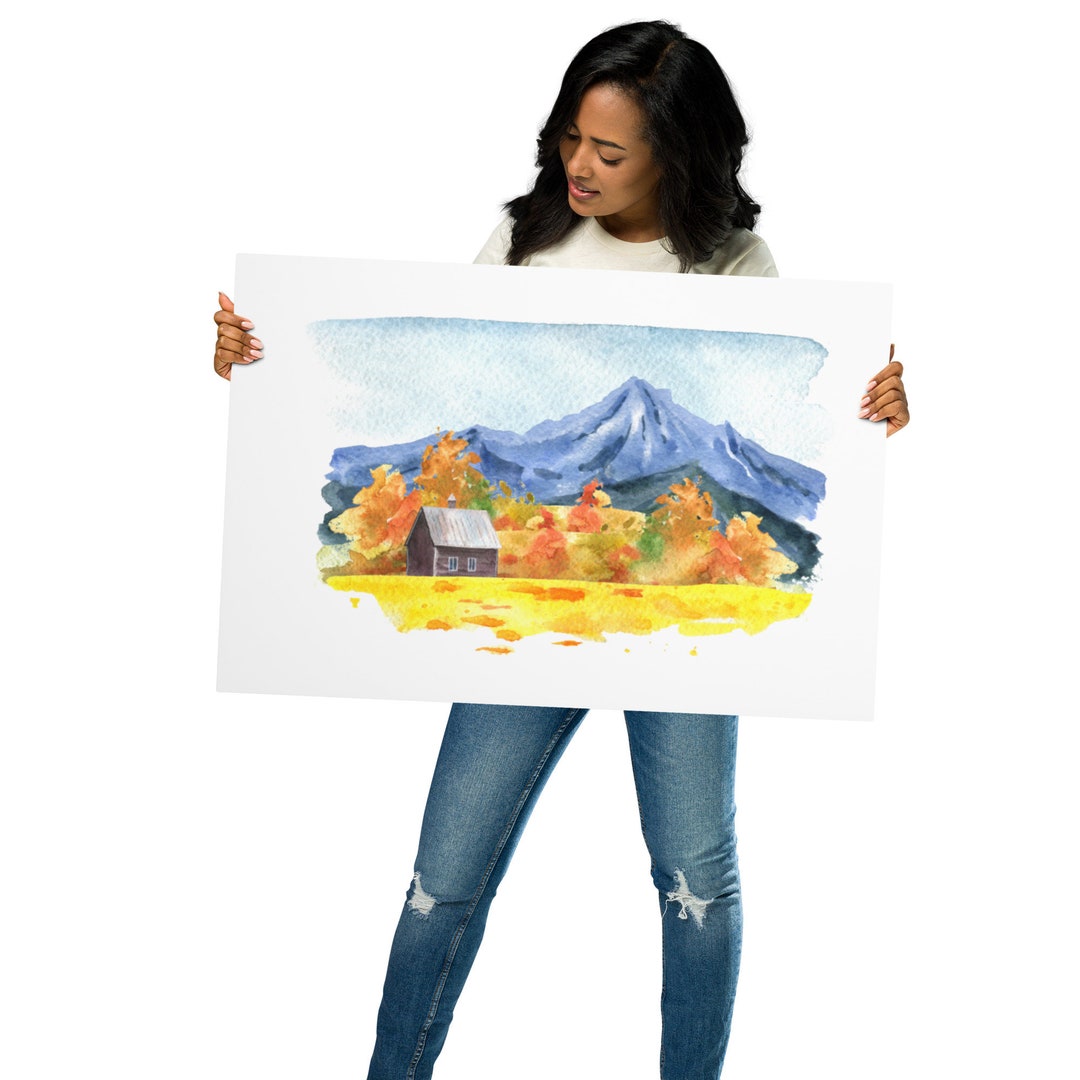 Watercolor Cabin Nestled in Trees and Mountains Wall Art Metal Print