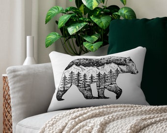 Wilderness Bear Decorative Pillow Featuring Mountains and Trees; Gift for Nature Lover, Outdoorsy, Cabin, Vacation
