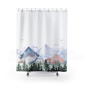 Watercolor Mountain and Tree Nature Scene Shower Curtain - Housewarming Gift; Bathroom Decor;