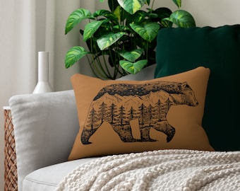Light Brown Wilderness Bear Decorative Pillow Featuring Mountains and Trees; Gift for Nature Lover, Outdoorsy, Cabin, Vacation