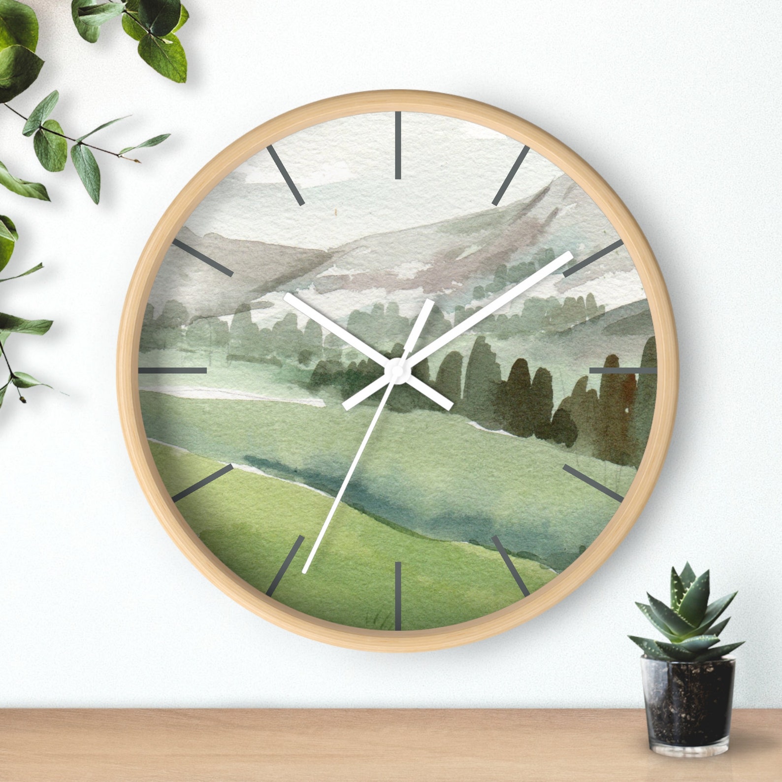 Watercolor Nature Wall Clock, Nature Lover Gift Featuring Mountains and