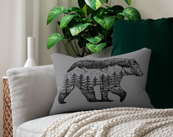 Gray Wilderness Bear Decorative Pillow Featuring Mountains and Trees; Gift for Nature Lover, Outdoorsy, Cabin, Vacation