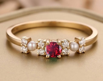 Anillo de boda único de rubí, anillo de compromiso vintage con gema roja, anillo de perlas con racimo de diamantes, piedra de nacimiento de junio, delicado y elegante anillo de novia.