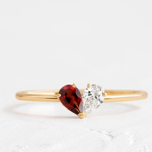 Red Garnet and Diamond Ring, Two Stone Ring, Pear Moissanite Engagement Ring, Unique Double Stone Wedding Promise Ring, Anniversary Gift