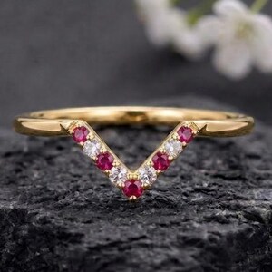 Unique Round Cut Red Ruby Engagement Band, 14K Solid Yellow Gold Band, Vintage Red Gemstone Wedding Band, Solitaire Round Moissanite Band