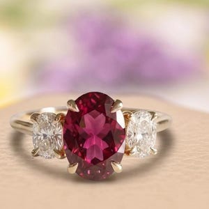 Unique Oval Cut Ruby Engagement Ring, Vintage Side Moissanite Handmade 14k Gold Plated Trilogy Ring, Solitaire Wedding Gift Ring For Her