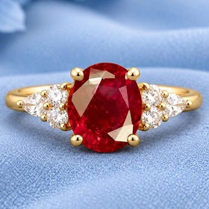 Peut inclure: Une bague en or ornée d'une grande pierre rouge de taille ovale au centre, flanquée de trois petites pierres claires de chaque côté. La bague est montée sur un anneau en or fin, présentant un design classique avec une pierre centrale.
