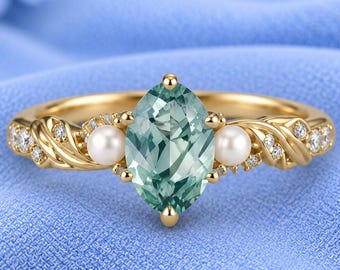 Natürlicher Oval Moosachat Verlobungsring, Perle Ehering, Natur inspiriert Blattring, Diamant Versprechen Ring, personalisierte Ringe für Frauen