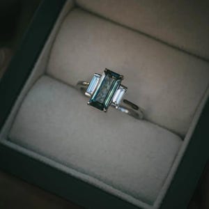 Unique Emerald cut Teal Sapphire Engagement Ring, Sapphire Cluster Moissanite Wedding Ring, Three Stones Ring, Solid Yellow Gold Bridal Ring