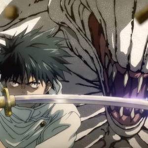 Puede incluir: Ilustraci&oacute;n de estilo anime de un personaje con cabello oscuro empu&ntilde;ando una katana, frente a una gran criatura monstruosa. El personaje viste un atuendo blanco. El fondo tiene una mezcla de tonos claros y oscuros.