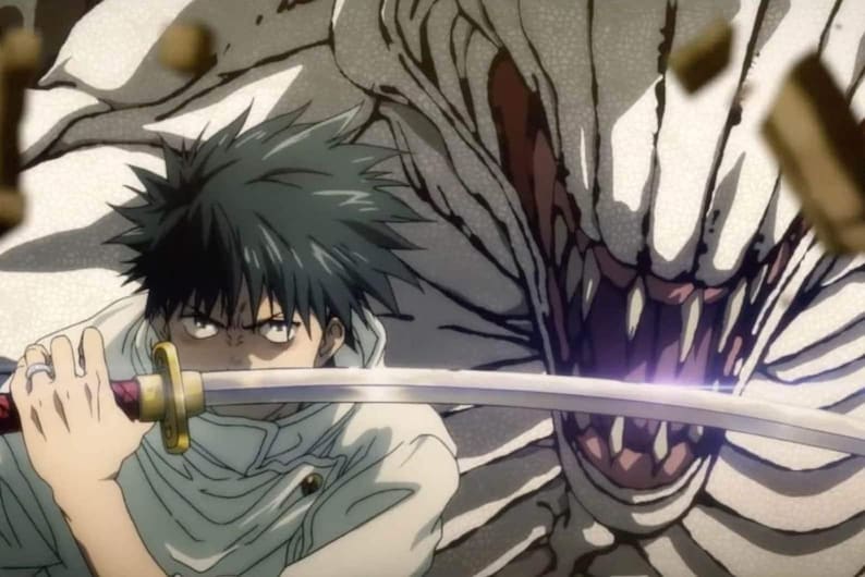 Puede incluir: Ilustraci&oacute;n de estilo anime de un personaje con cabello oscuro empu&ntilde;ando una katana, frente a una gran criatura monstruosa. El personaje viste un atuendo blanco. El fondo tiene una mezcla de tonos claros y oscuros.