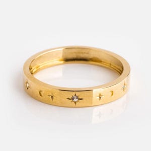 Solid Gold Moissanite Engagement Band, Celestial Wedding Band, Star Engraved Ring, Matching Stacking Band, Proposal Promise Band For Women