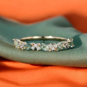 Marquise Moss Agate Wedding Band 14K Rose Gold Wedding Band Women Half Eternity Diamond Matching Unique Bridal Stacking Promise Gift for Her