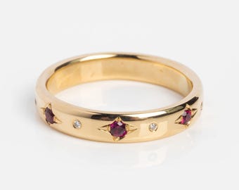 14k Gold Ruby Wedding Band, Starburst Engraved Star Ring, Dainty Marriage Ring, Full Eternity Band, July Birthstone, Promise Ring for Women