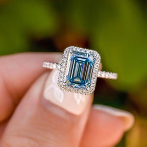 Emerald cut Aquamarine Engagement Ring, 14k Gold Promise Ring, March Birthstone, Diamond Cluster Wedding Ring, Blue Gemstone Ring for Women