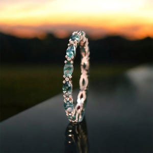 Unique Marquise Moss agate wedding band 14K Rose gold Moissanite wedding band women full eternity matching stacking ring Anniversary ring