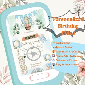 Teddy Bear Birthday Invitation, Baby Birthday Video Invite, Blue Bear 2st Birthday, Watercolor Baby Invite, Cloud Balloon Party Theme