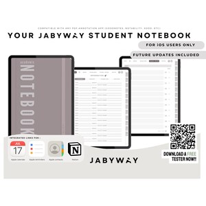 May include: Digital student notebook by JABYWAY, compatible with PDF annotation apps. The image shows a tablet and two other devices with the text "YOUR JABYWAY STUDENT NOTEBOOK". Includes integrated links for Apple calendar, reminders, contacts, and Notion.
