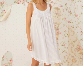 Women's pure cotton white stripped short chemise, Victorian style  sleeveless night dress, Sleepwear cotton nightie,Cotton Camisole Dress