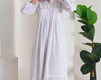100% Pure cotton Women's Victorian style nightgown Boho sleepwear nightdress Iconic white cotton nightie