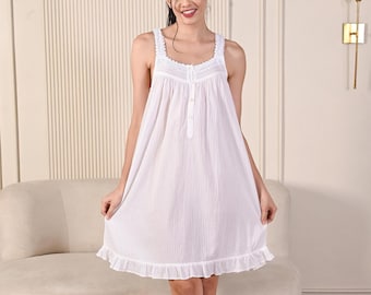 Reine Baumwolle Frauen Viktorianischen Stil Nachthemd Baumwolle Voile Nachtwäsche feminine weiße Nachthemd kurze Nachthemd Loungewear Kleid